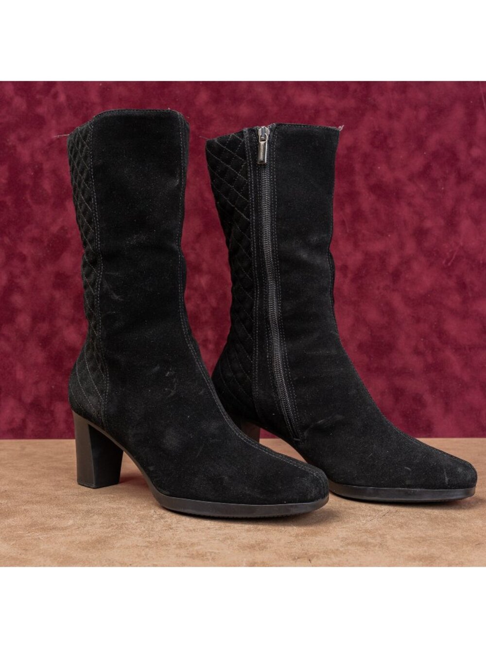 Aquatalia Women Black Suede Quilted Weatherproof Fashion Zip Heel Boots sz 8.5